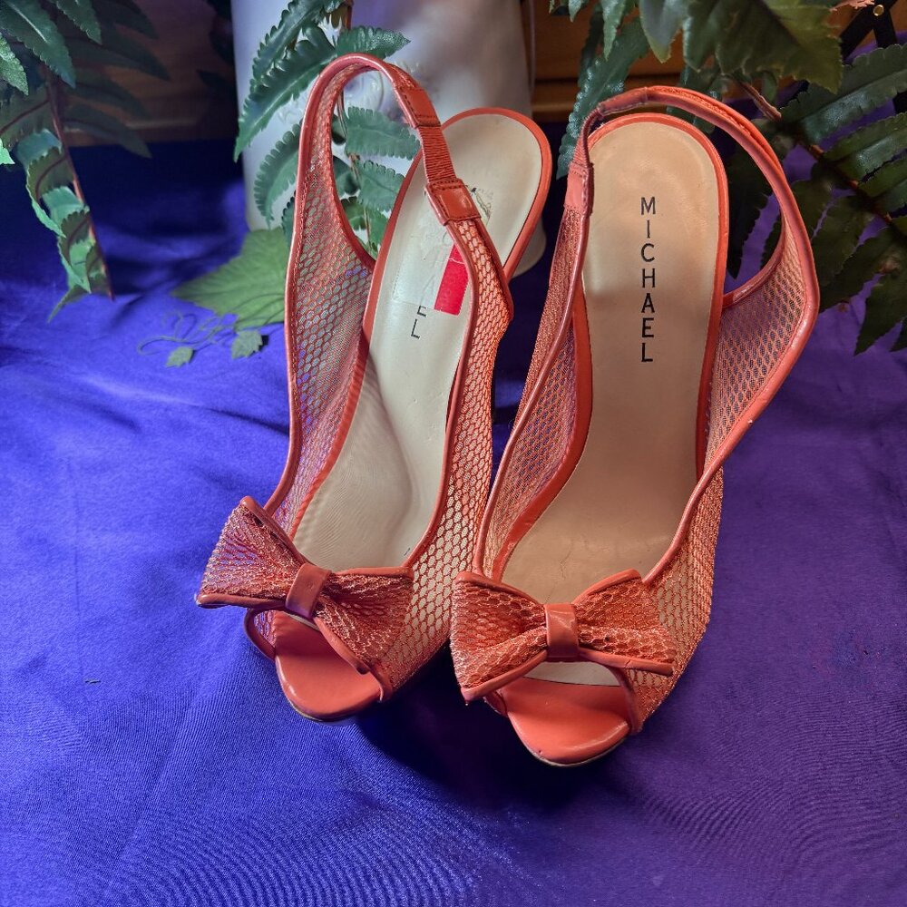 📌Michael  Fishnet Slingback 5.5" High Hell Sandals with Platform an Bow 9.5 M